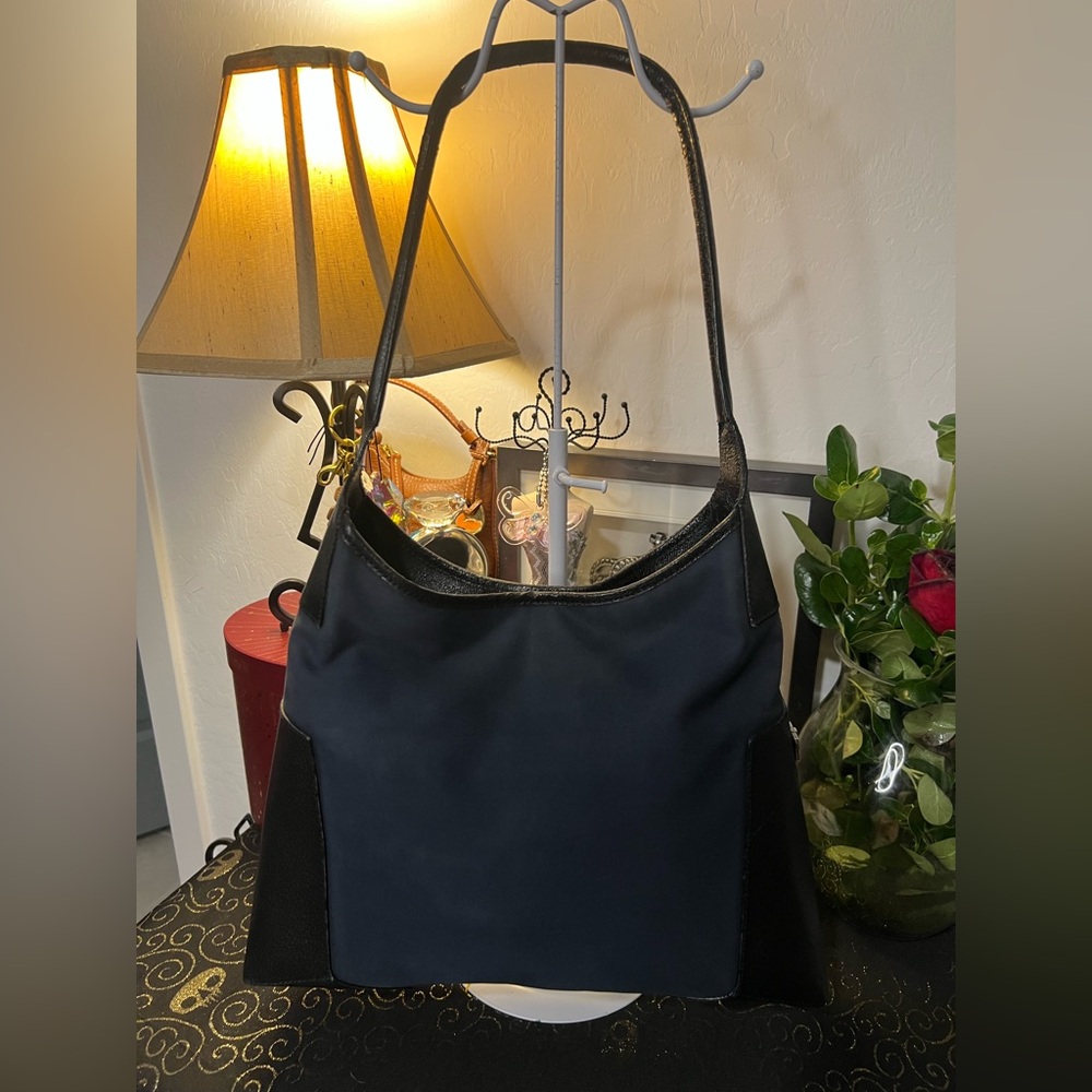 Salvatore Ferragamo Blue Canvas & Black Leather Shoulder Bag